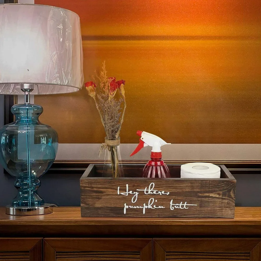 2 Sided Bathroom Decor Box with Funny Words, Rustic Wooden Toilet Paper Holder